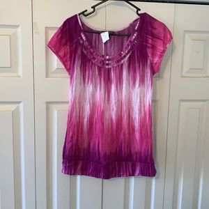 Size XL purple, pink, and white short sleeve shirt. Never worn, has tag.